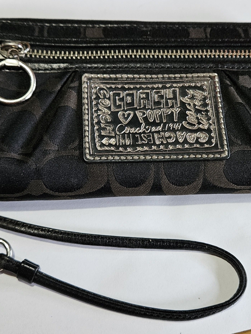 Coach Black Signature Poppy Wristlet with Leather Trim